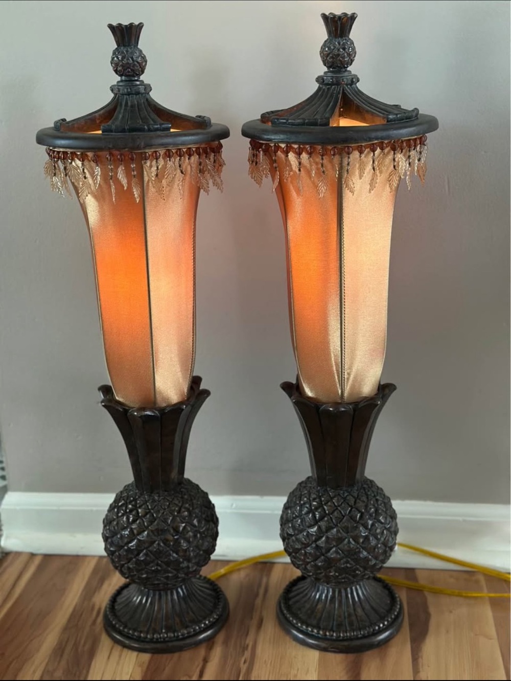 Bombay Bronze Pineapple Table Lamps with Amber Shades